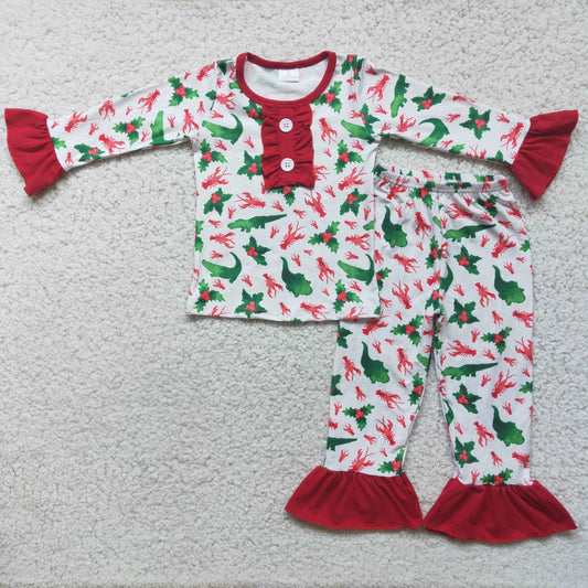 (Promotion) Crocodile Crayfish Holiday Print Girls Christmas Pajams Outfits   6 A2-27