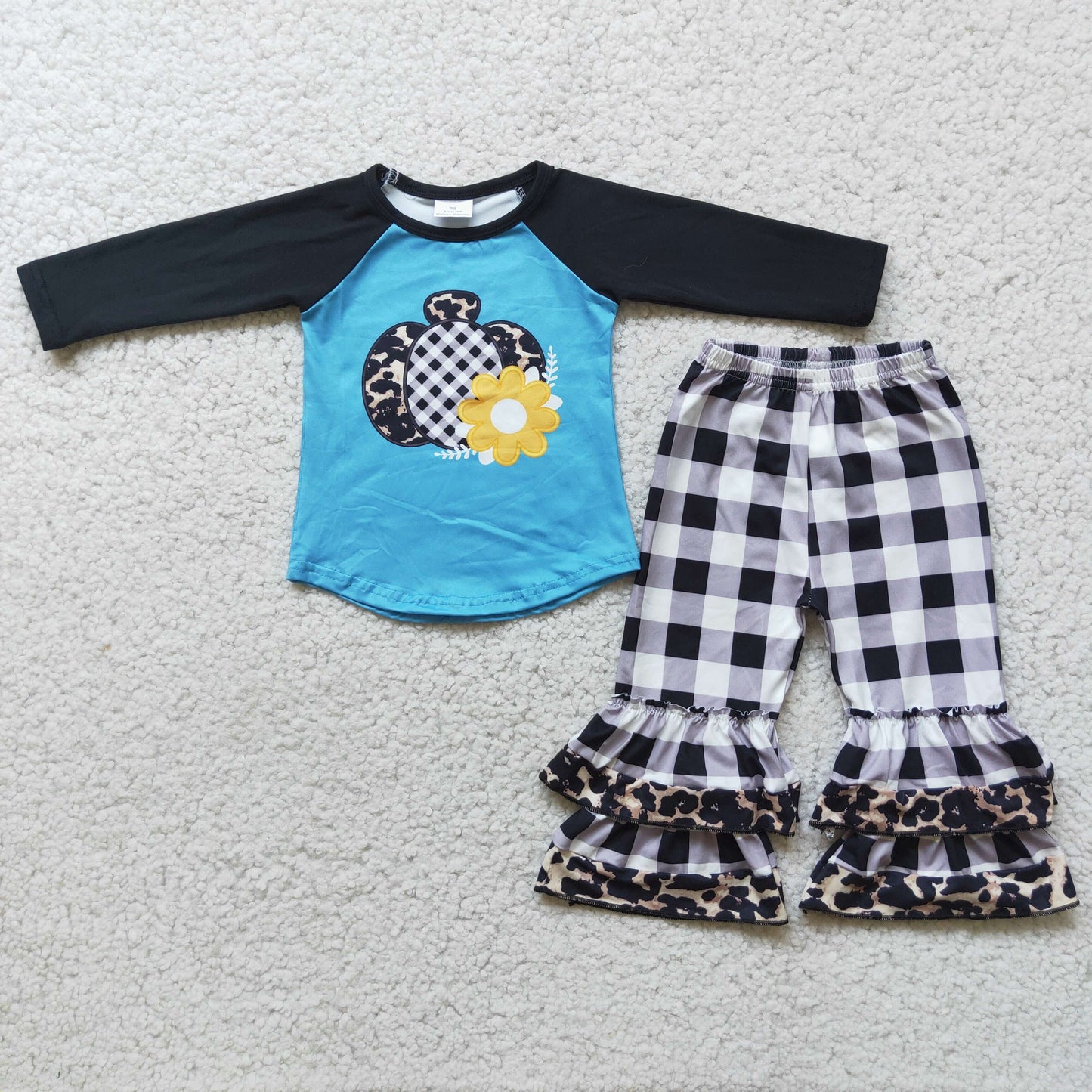 (Promotion) Pumpkin Blue Top Plaid Ruffles Pants Girls Fall Outfits 6 A2-17