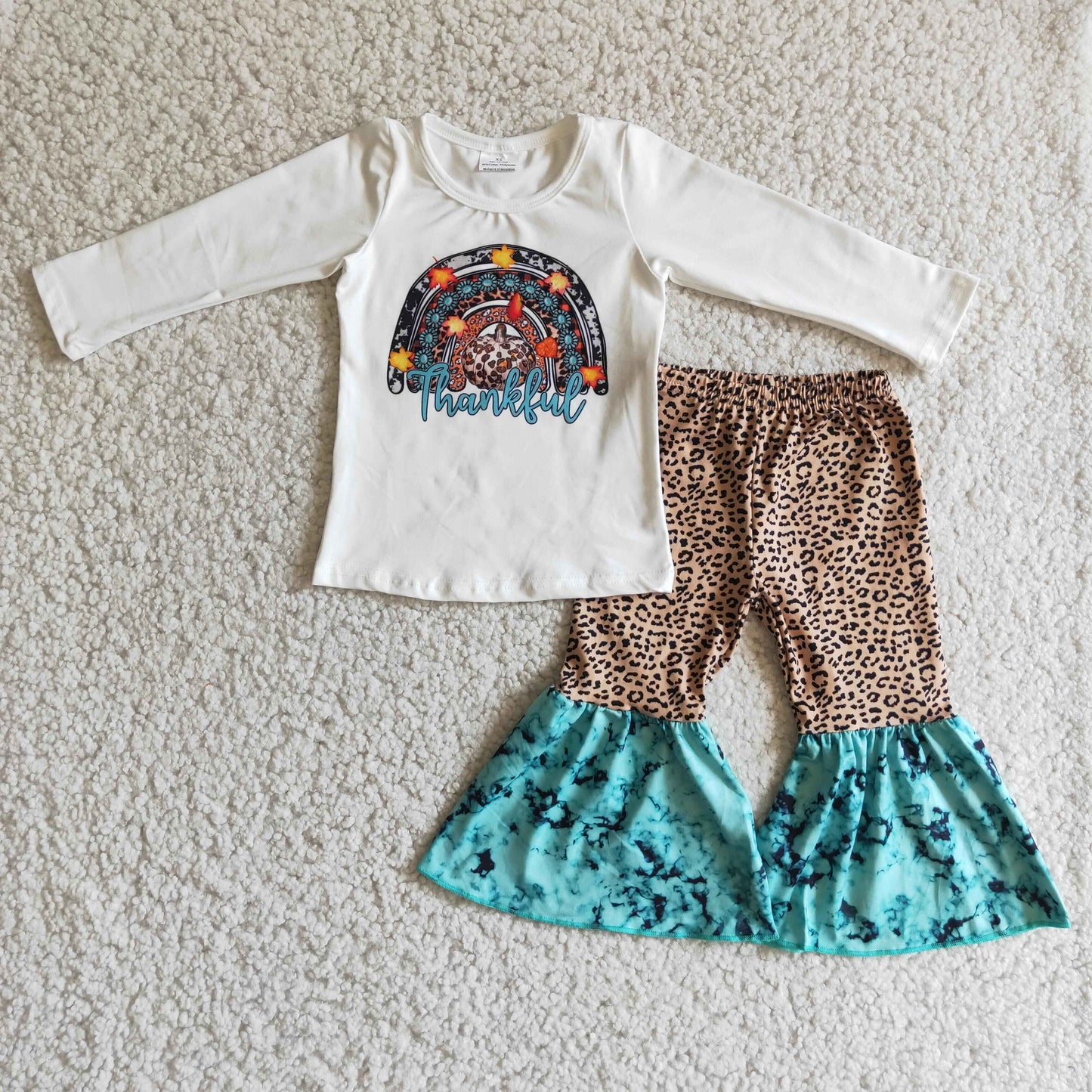 (Promotion) 6 A3-15 Thankful pumpkin raibow top leopard bell bottom pants girls outfits