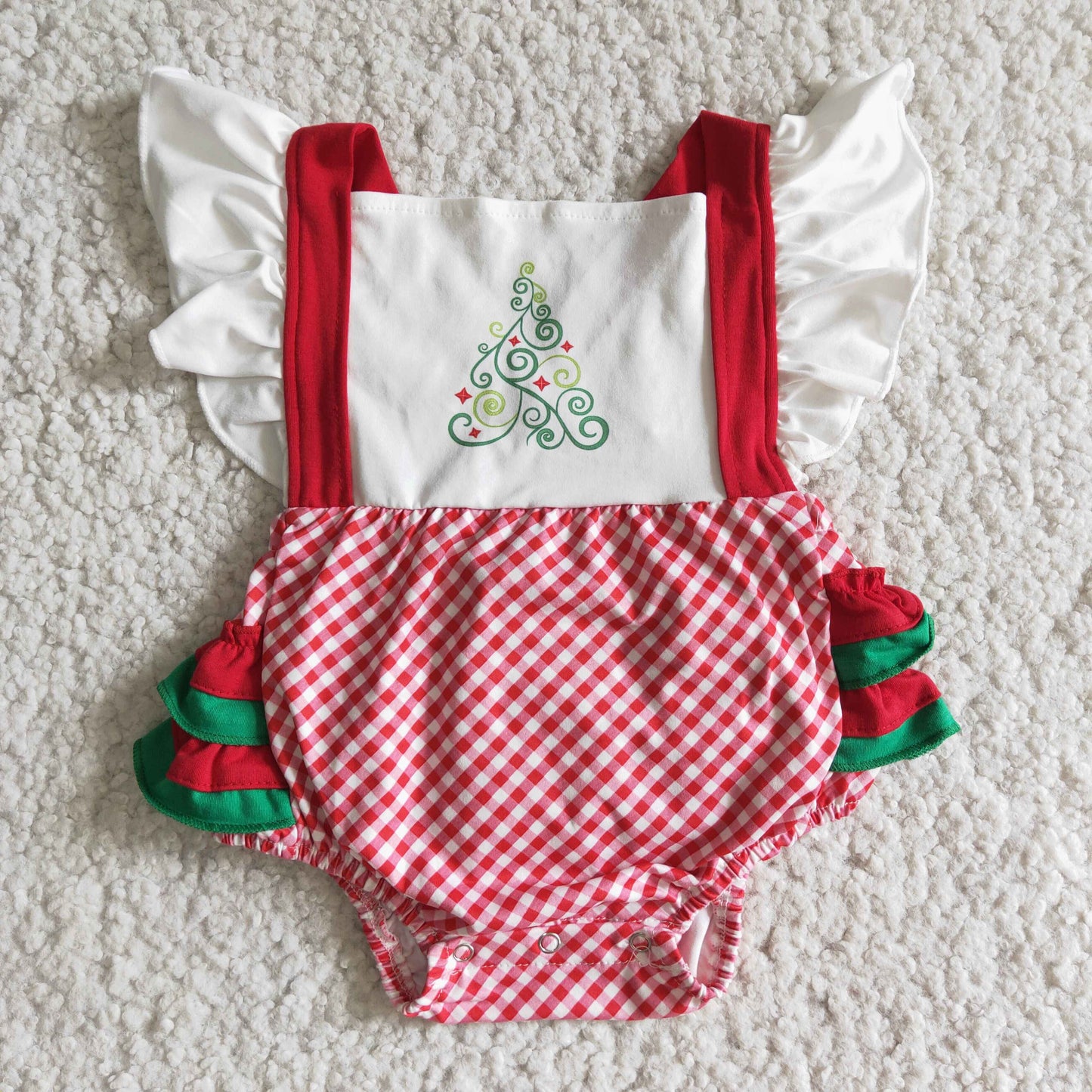 (Promotion) E3-28 Christmas Tree Red Plaid Print Baby Girls Flutter Sleeve Bubble Romper