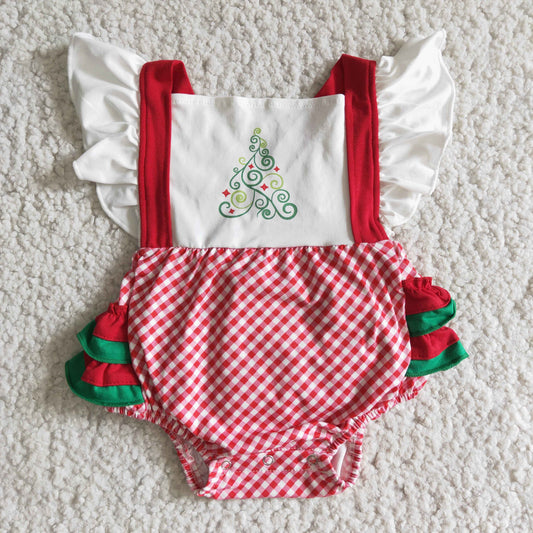 (Promotion) E3-28 Christmas Tree Red Plaid Print Baby Girls Flutter Sleeve Bubble Romper