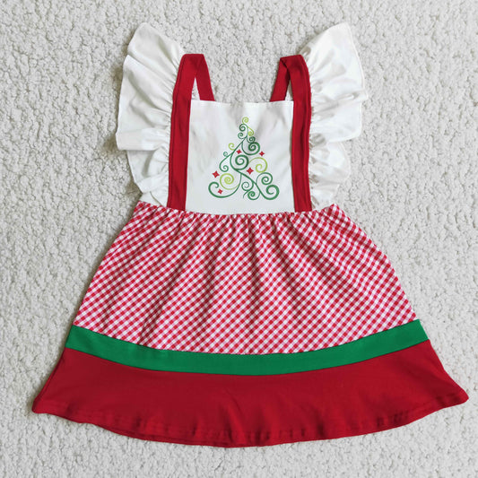 (Promotion) E3-19 Christmas Tree Red Plaid Print Girls Flutter Sleeve Knee Length Dress