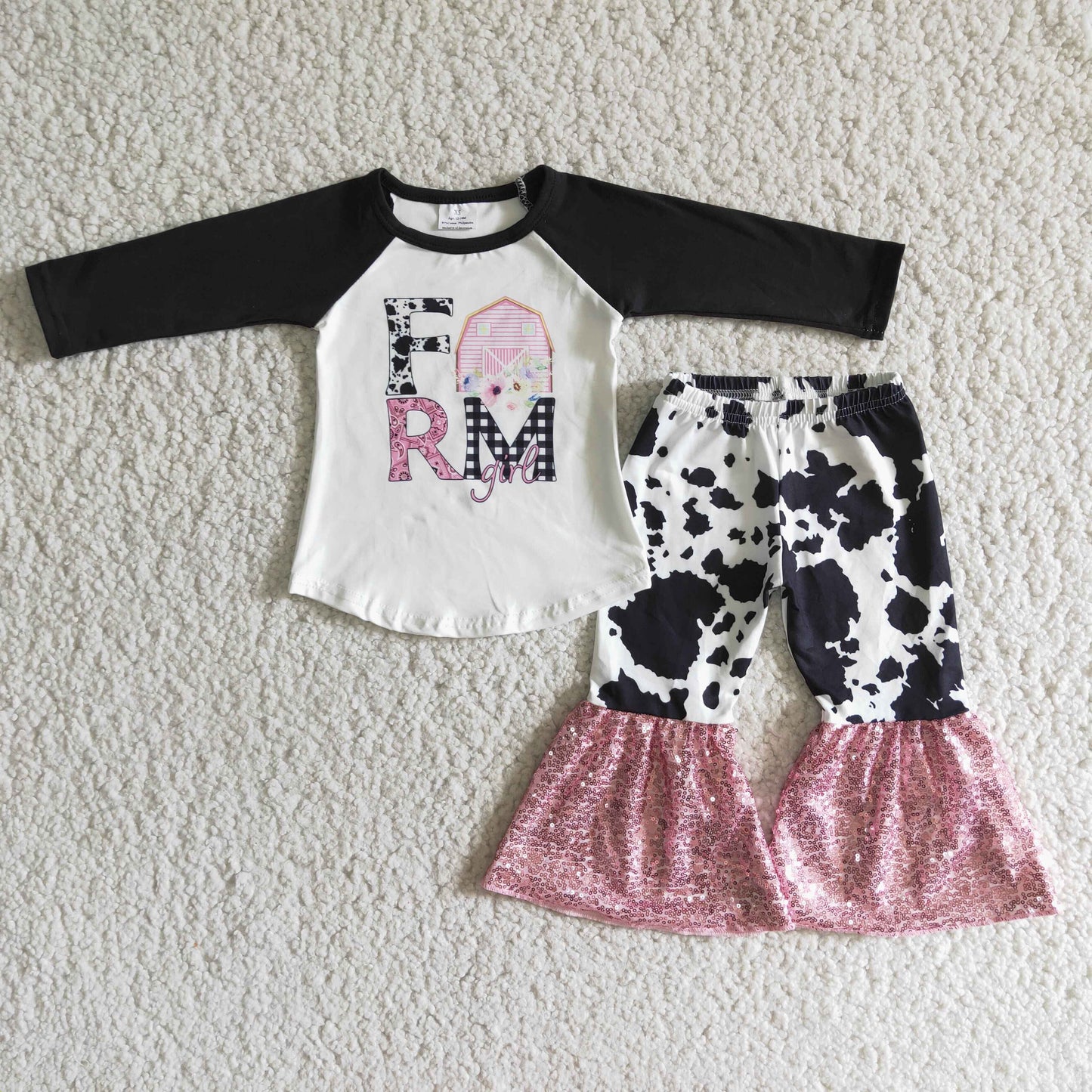 (Promotion) Farm cow print bell bottom sequin ruffle pants outfits 6 A6-15