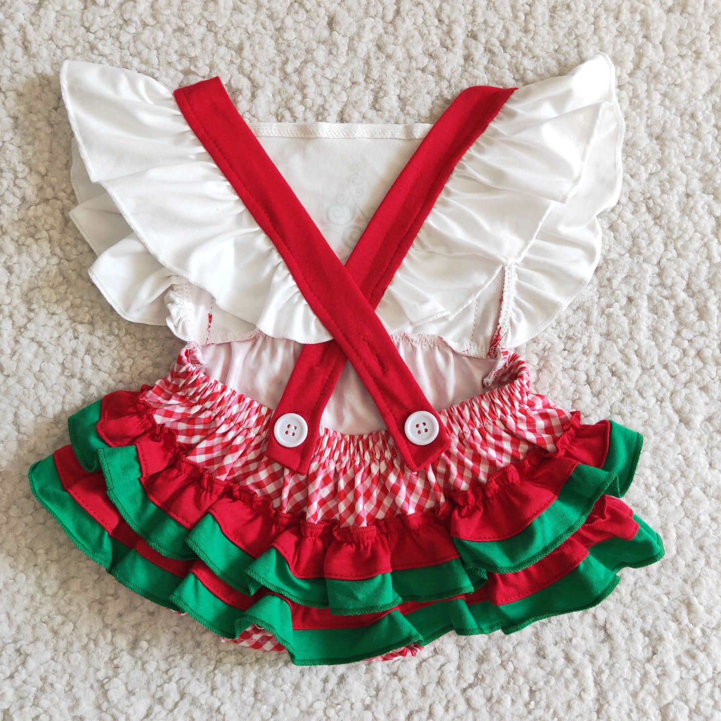 (Promotion) E3-28 Christmas Tree Red Plaid Print Baby Girls Flutter Sleeve Bubble Romper