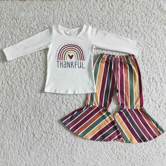 (Promotion)6 A6-16 Thankful Rainbow Top Stripes Bell Pants Girls Thanksgiving Outfits