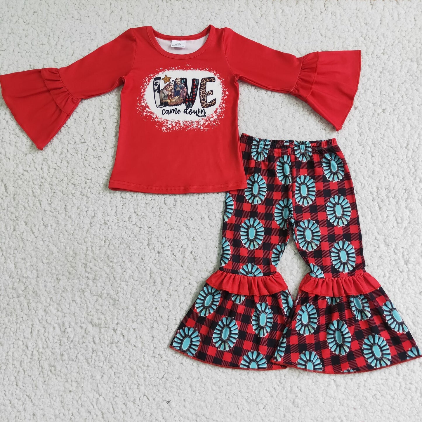 (Promotion) 6 A7-28 LOVE Came Down Nativity Turquoise Print Girls Western Christmas outfits