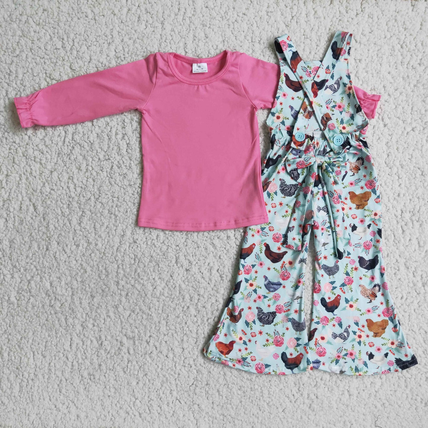 Girls pink cotton top chicken print overall design outfits 6 B4-5