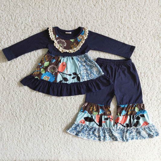 (Promotion) 6 A29-26 Flowers Navy Tunic Top Bell Bottom Pants Girls Fall Outfits