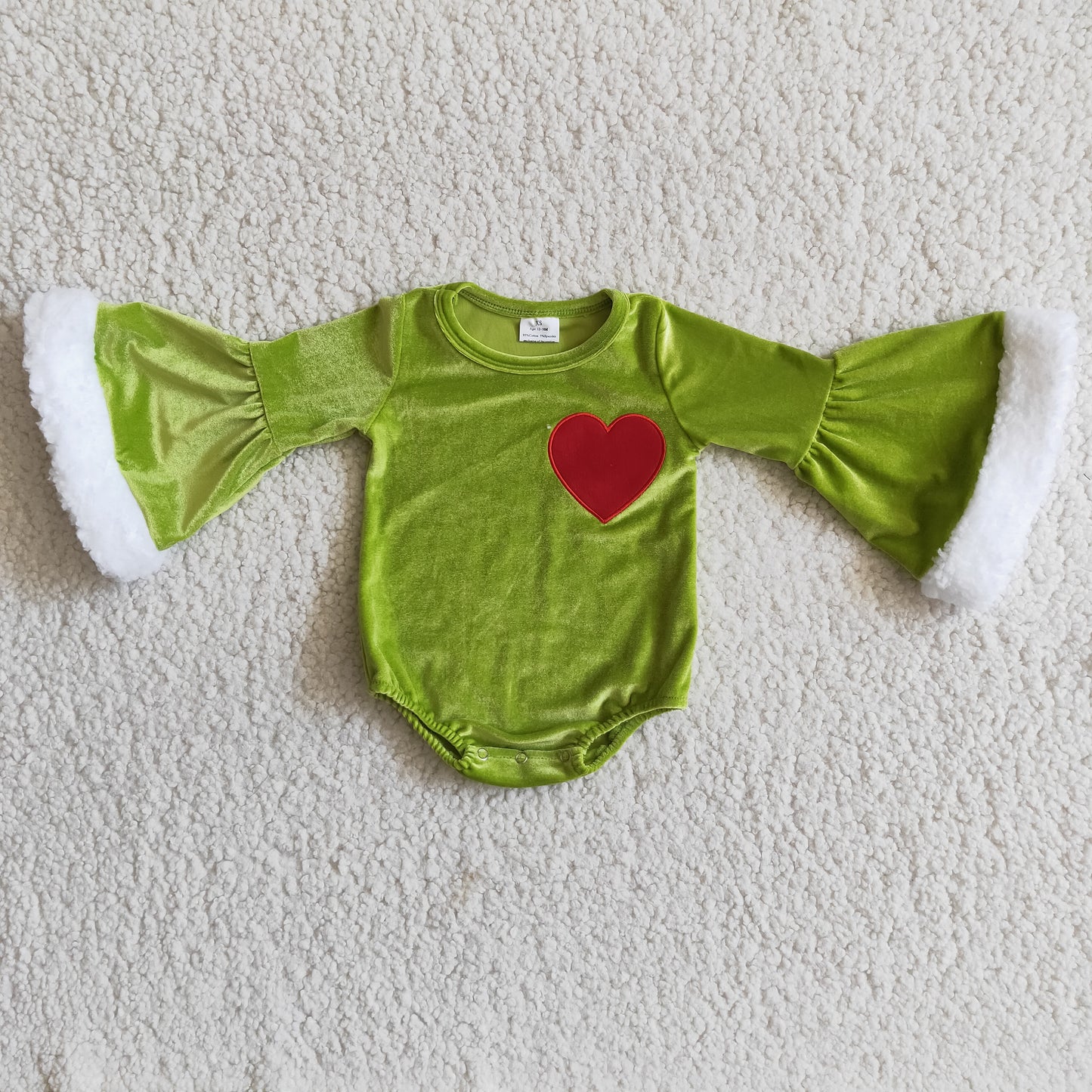 Heart Embroidery Green Velvet Baby Girls Long Sleeve Christmas Romper 6 A4-4