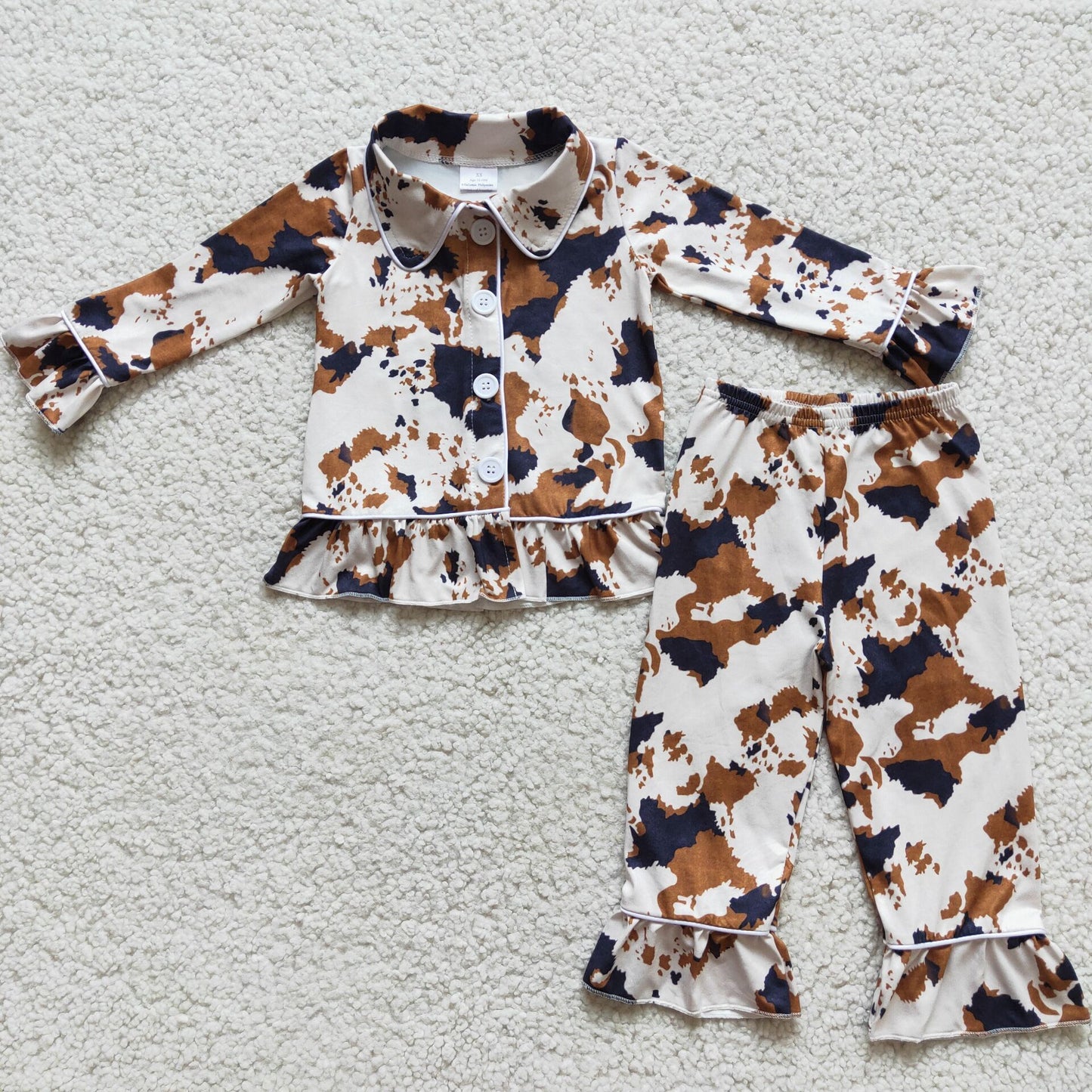 6 A9-16 Cow Hide Print Girls Western Long Sleeve Buttons Pajamas Outfits