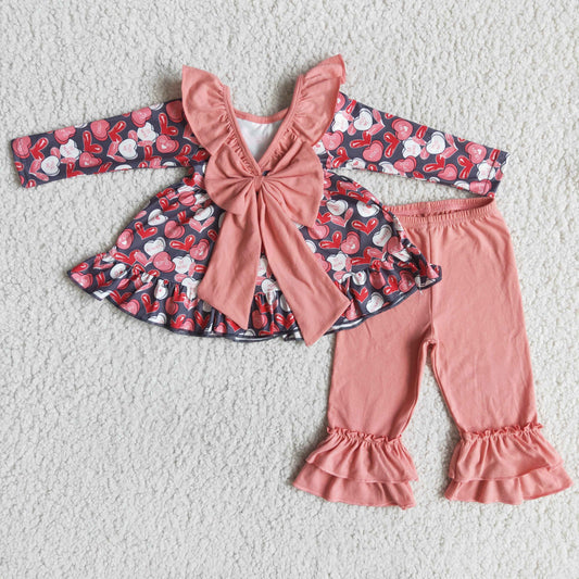 Heart print backless tunic ruffle pants kids girls Valentine's day clothing  6 B7-25