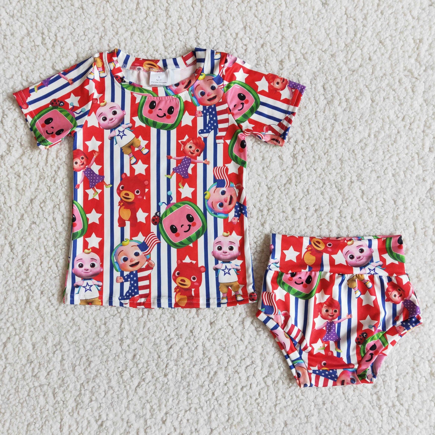 (Promotion)D4-5 Cartoon Watermelon Print Baby Girls 4th of July Bummie Sets