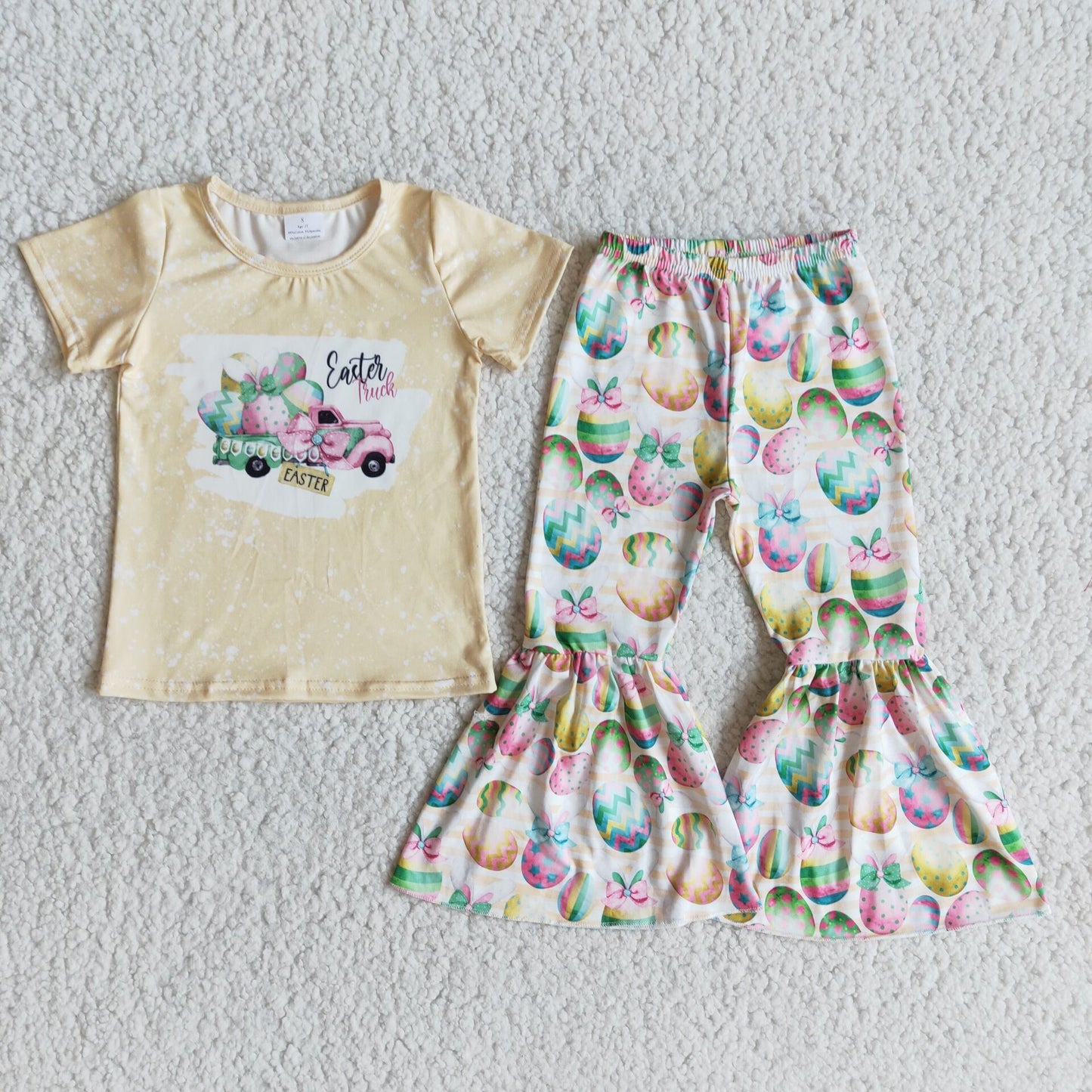 (Promotion)Girls colorful eggs Easter truck print bell bottom pants outfits E10-13