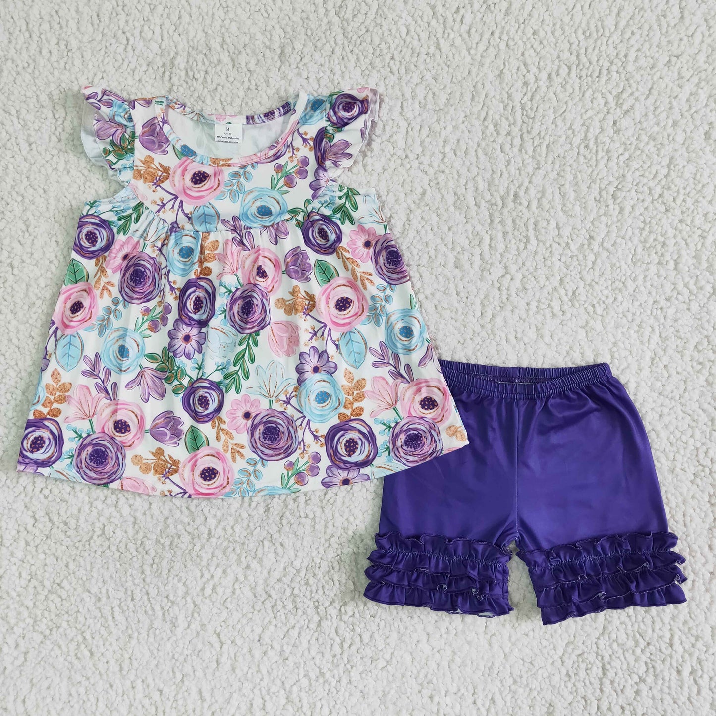 (Promotion) Purple Flowers Flutter sleeve icing shorts summer outfits B17-27
