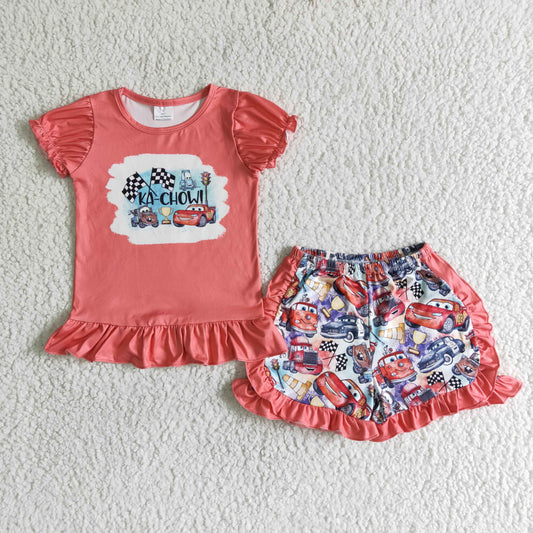 (Promotion)Short sleeve ruffles shorts cartoon car summer outfits   C1-30