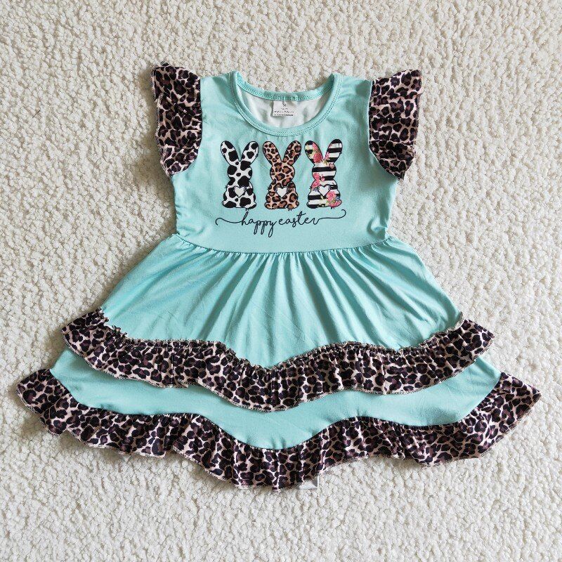 Flutter sleeve knee length bunny leopard print ruffles Easter dress EC0006