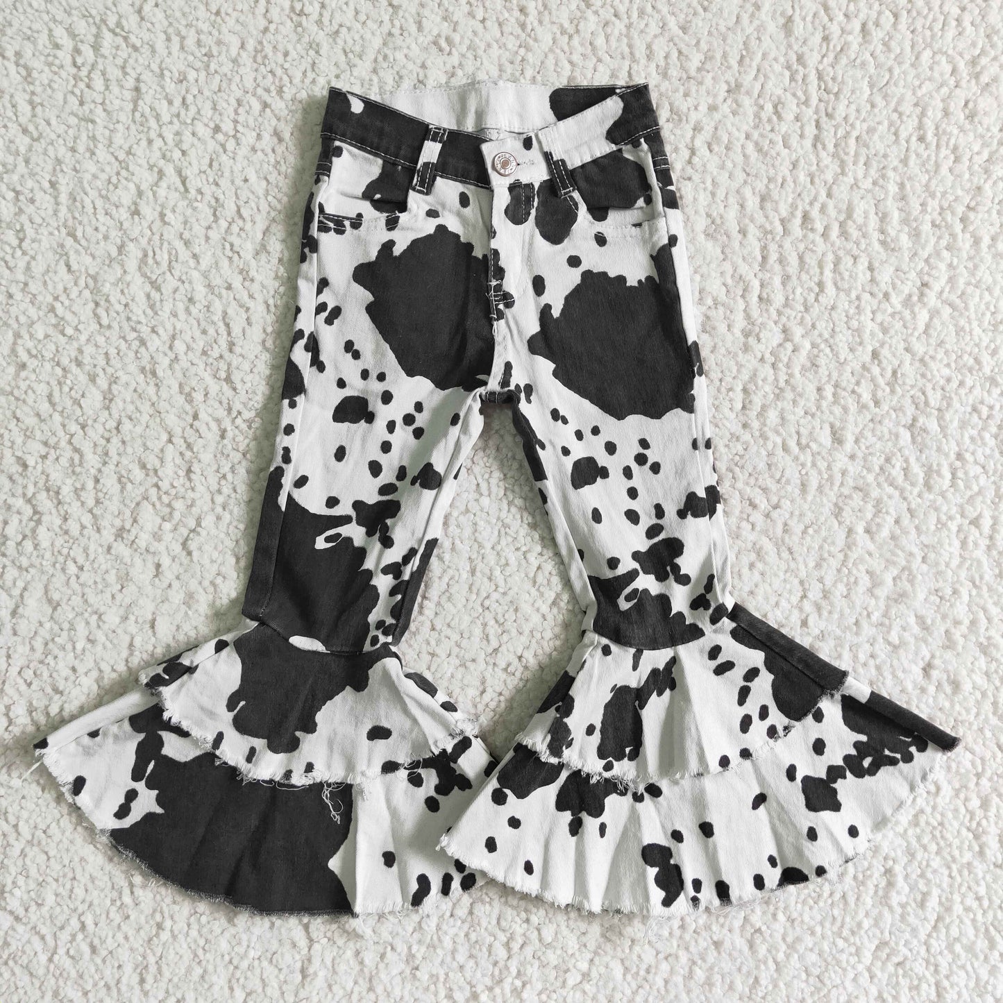 Cow print denim bell bottom jeans P0001