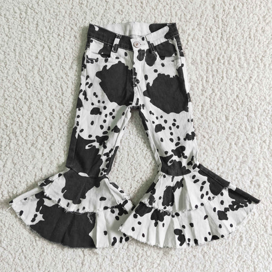 Cow print denim bell bottom jeans  P0001