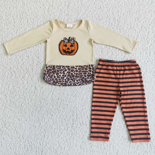 (Promotion)Pumpkin Embroidery Top Stripes Pants Girls Hallowmas Outfits   GLP0043