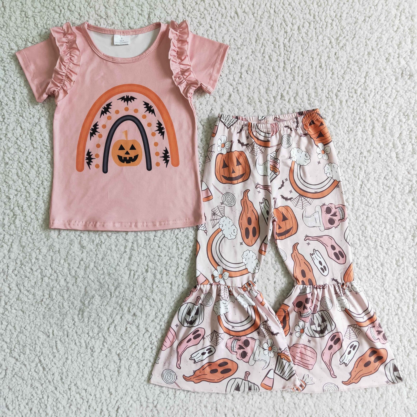 (Promotion)Pumpkin Rainbow Pink Top Bell Pants Girls Halloween Outfits   GSPO0098