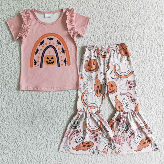 (Promotion)Pumpkin Rainbow Pink Top Bell Pants Girls Halloween Outfits   GSPO0098