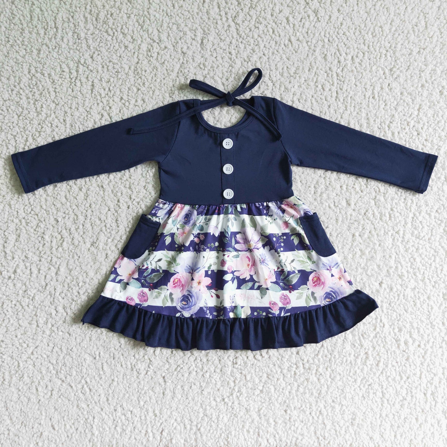 (Promotion)Girls navy flora print long sleeve pockets fall dress GLD0052