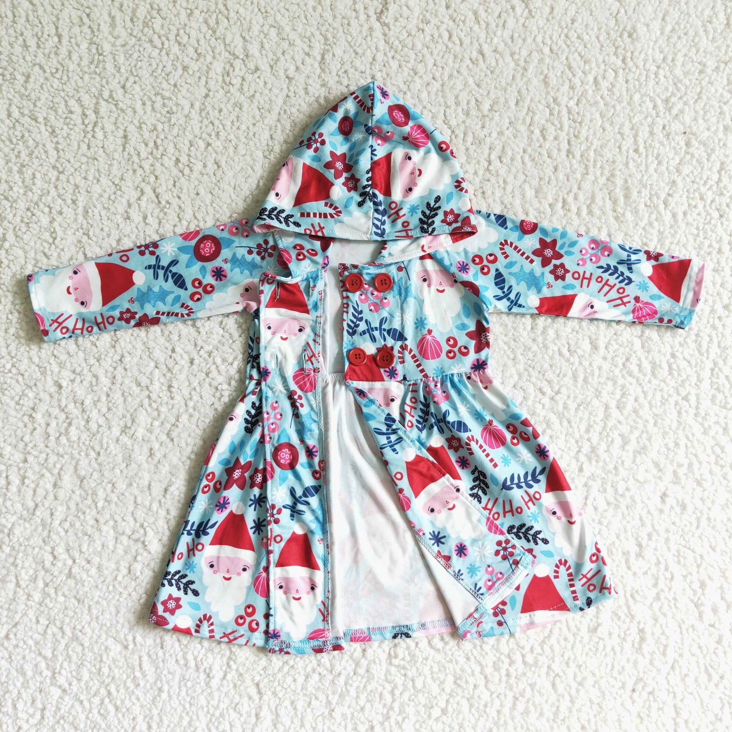 (Promotion)Santa Holly HOHOHO Blue Print Girls Christmas Buttons Coat Hoodie Dress    GT0026