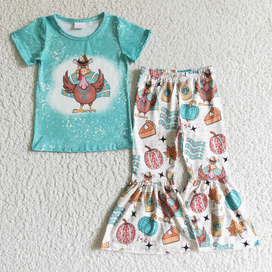 (Promotion)Girls blue turkey print Thanksgiving outfit  GSPO0195