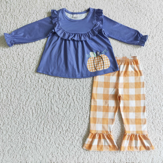 (Promotion) Punpkin Blue Tunic Top Plaid Pants Girls Fall Outfits  GLP0253