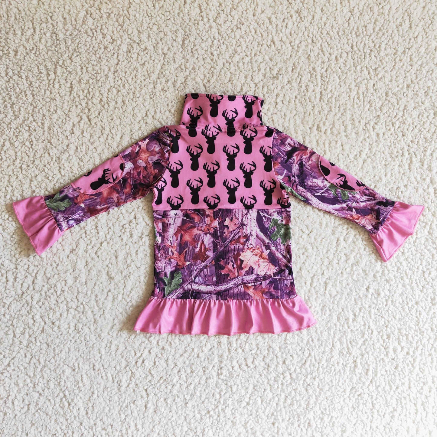 Girls hot pink deer camo print zipper pullover GT0056