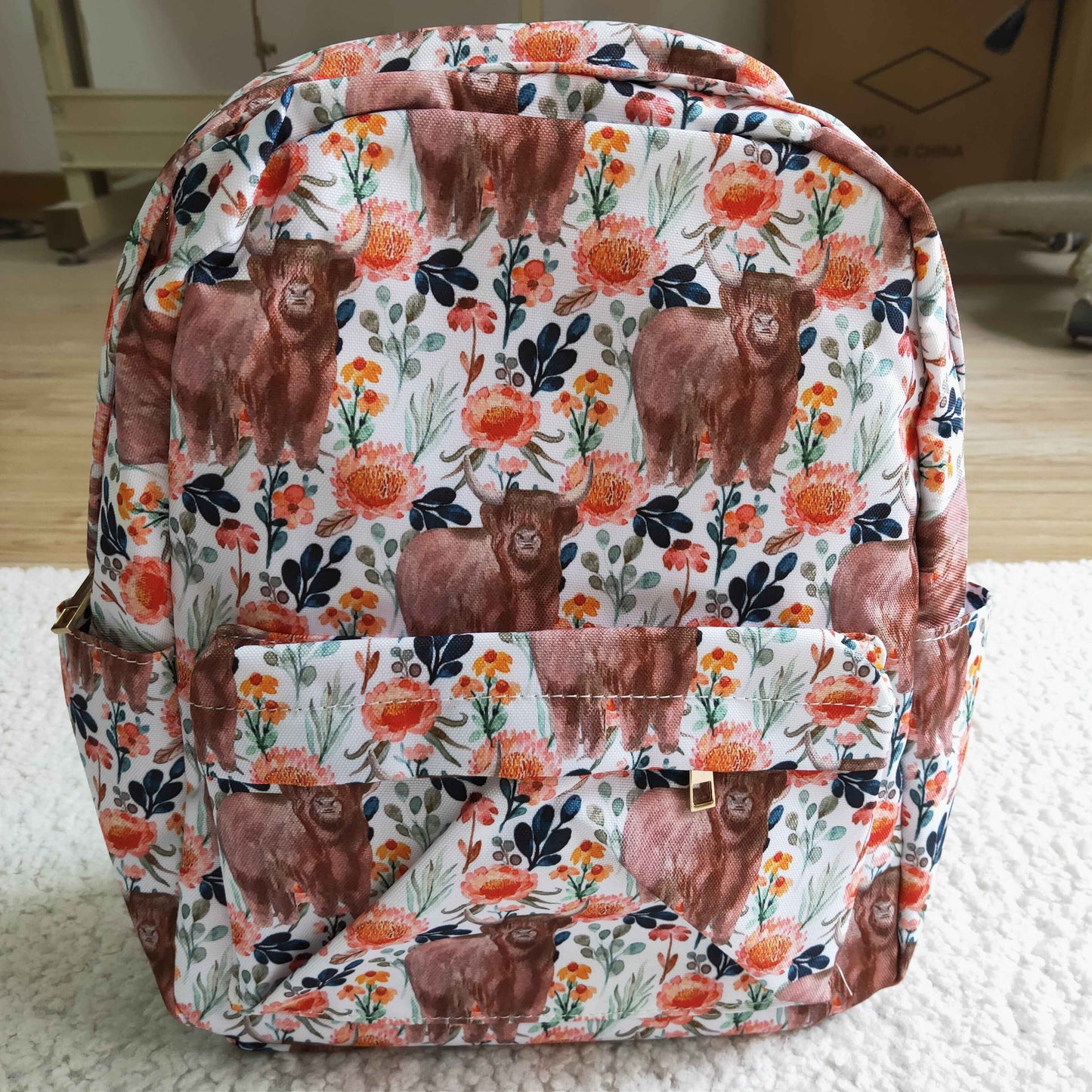 Orange flora highland cow print Bag BA0027