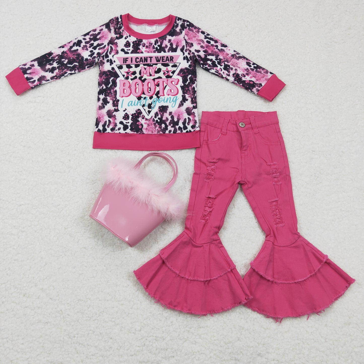 Baby girls Boot Western hotpink denim pants clothes sets GLP0403