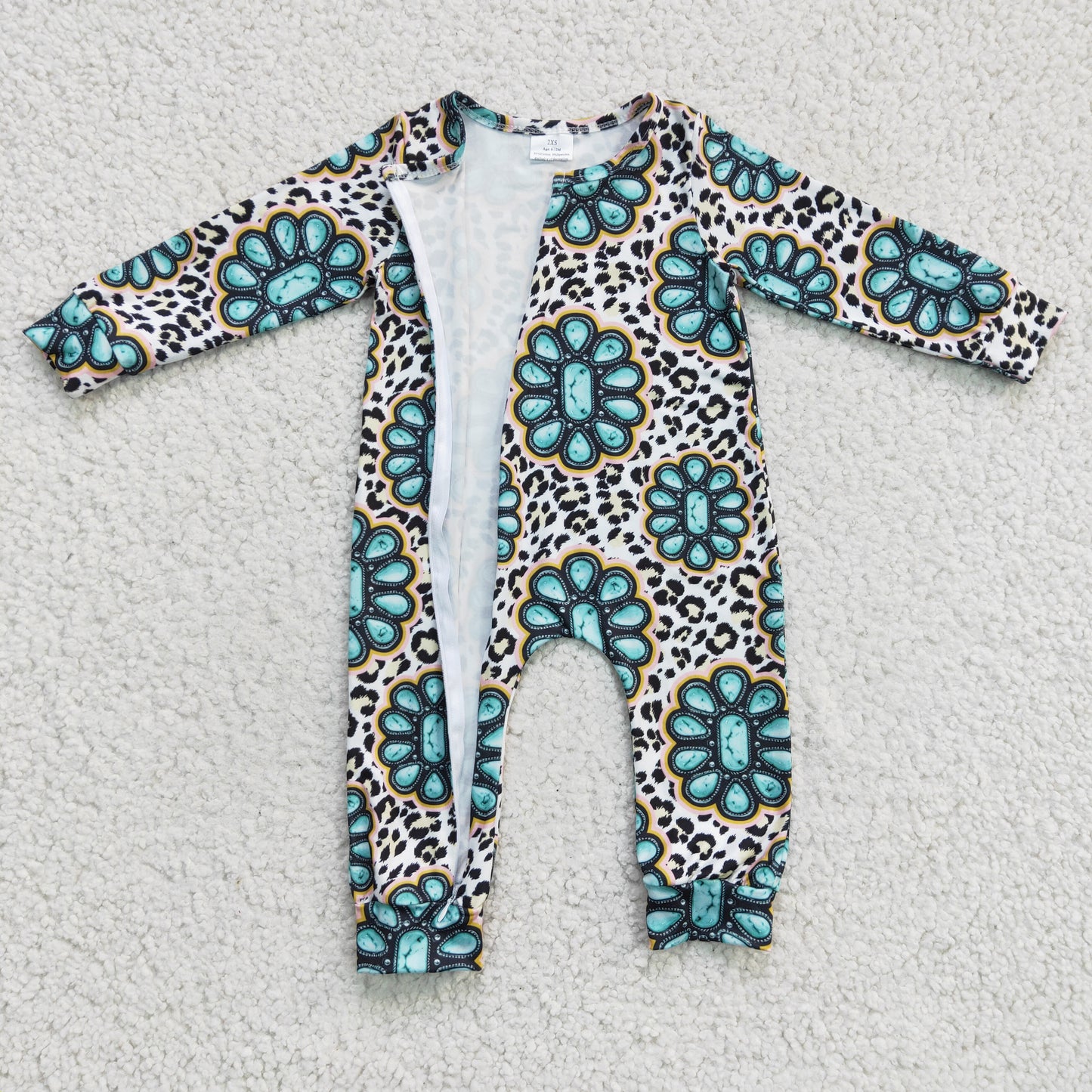 Baby long sleeve turquoise leopard zipper romper LR0254