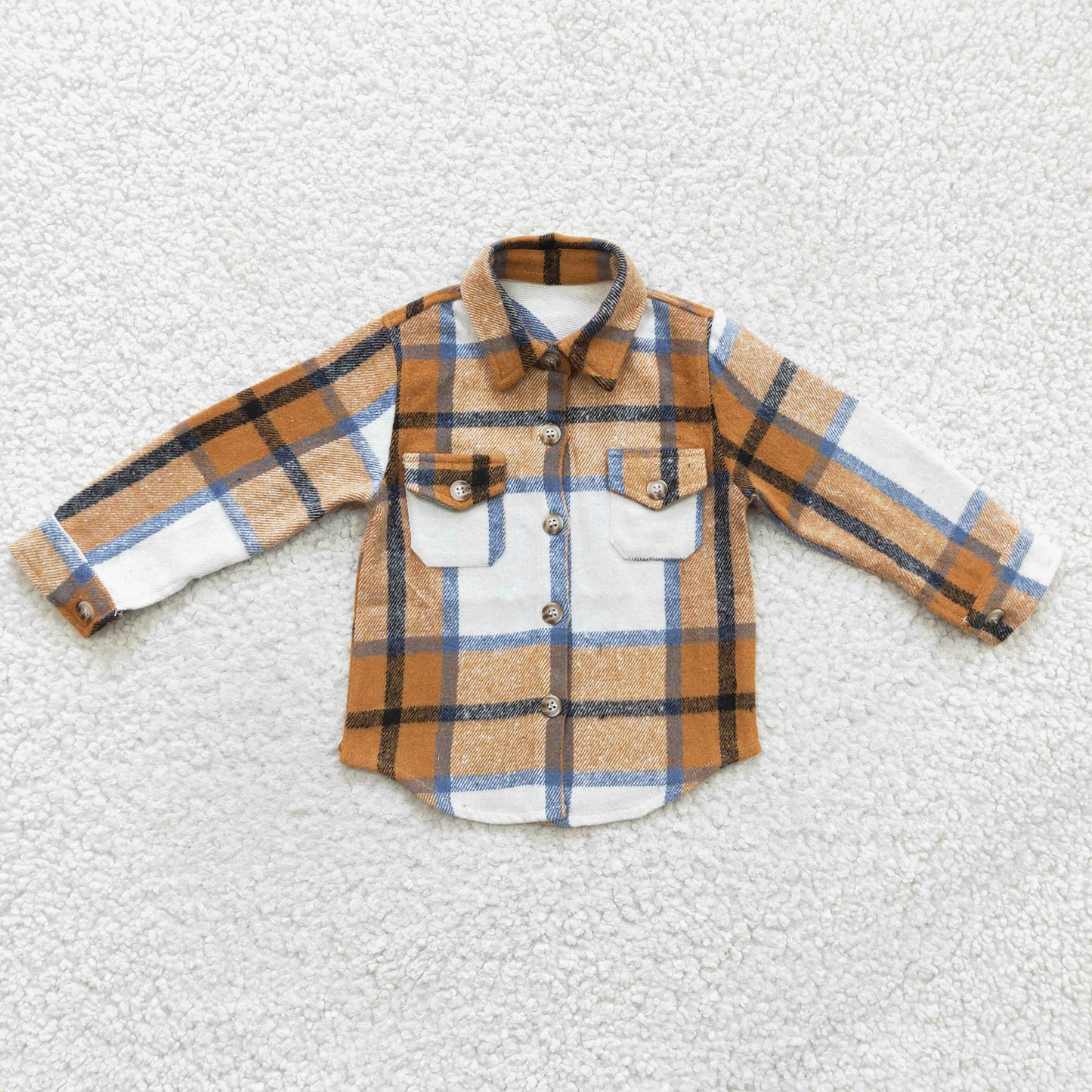 Brown khaki plaid cotton pocket boy thick flannel button up shirt BT0189