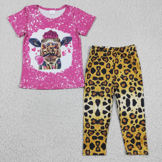 Girls hot pink cow heart print Valentine's Day top leopard leggings outfits