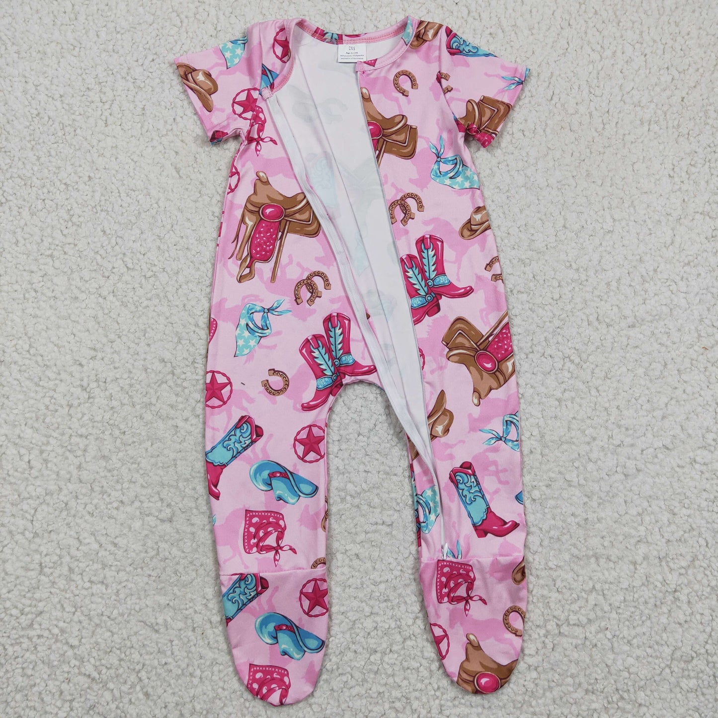 (Promotion)Baby pink western print footie romper SR0194