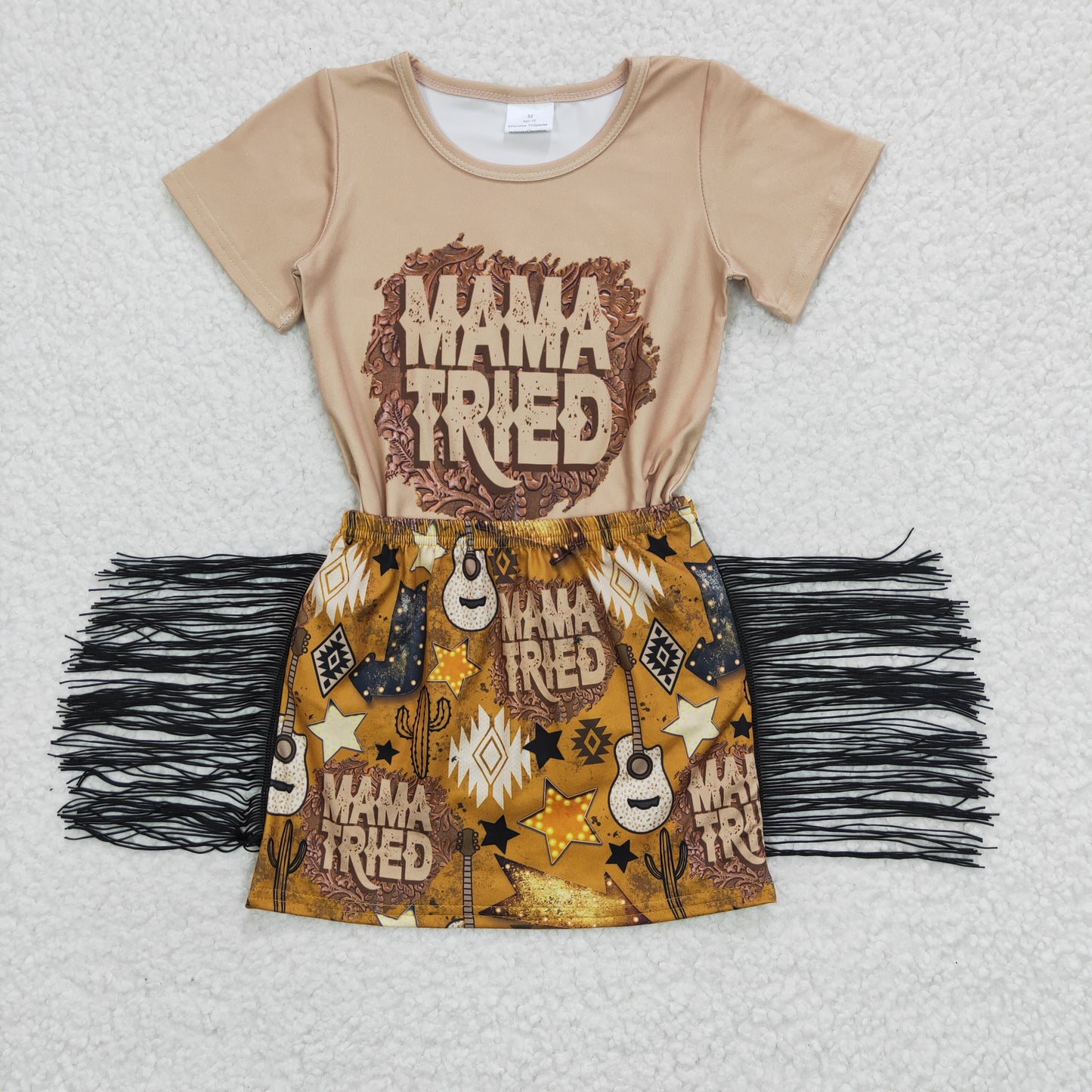 (Promotion)Girls guitar print short sleeve & tassels skirts MAMA TRIED western outfits GSD0286
