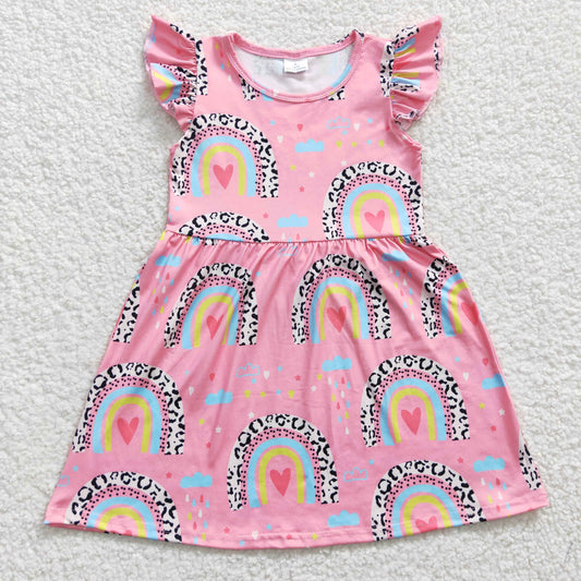 (Promotion)Girls flutter sleeves knee length rainbow print summer dress   GSD0248