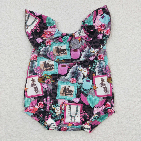 Baby girls western cow skull print summer romper  SR0219
