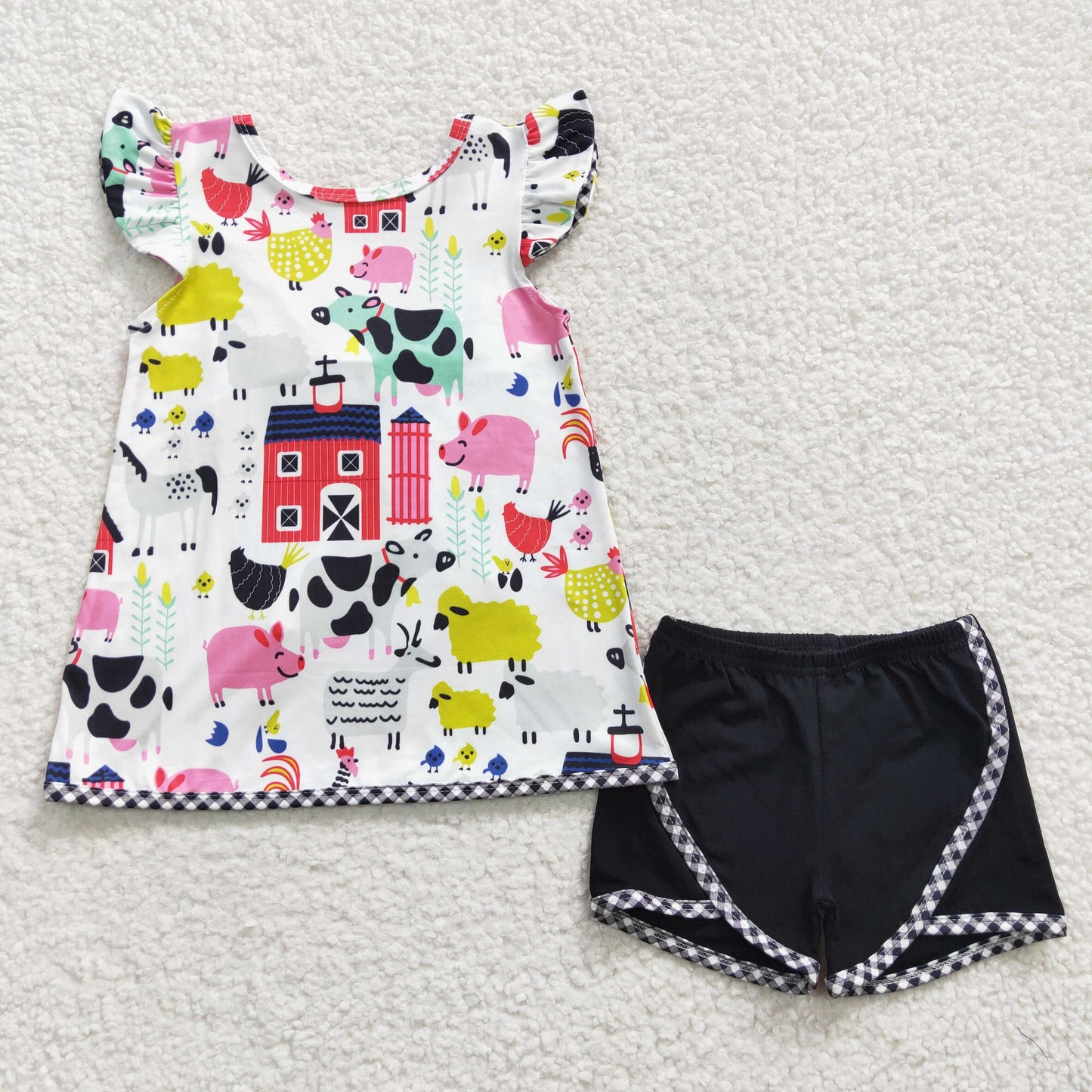 (Promotion)Girls flutter sleeves bow backless farm print summer outfits B11-4