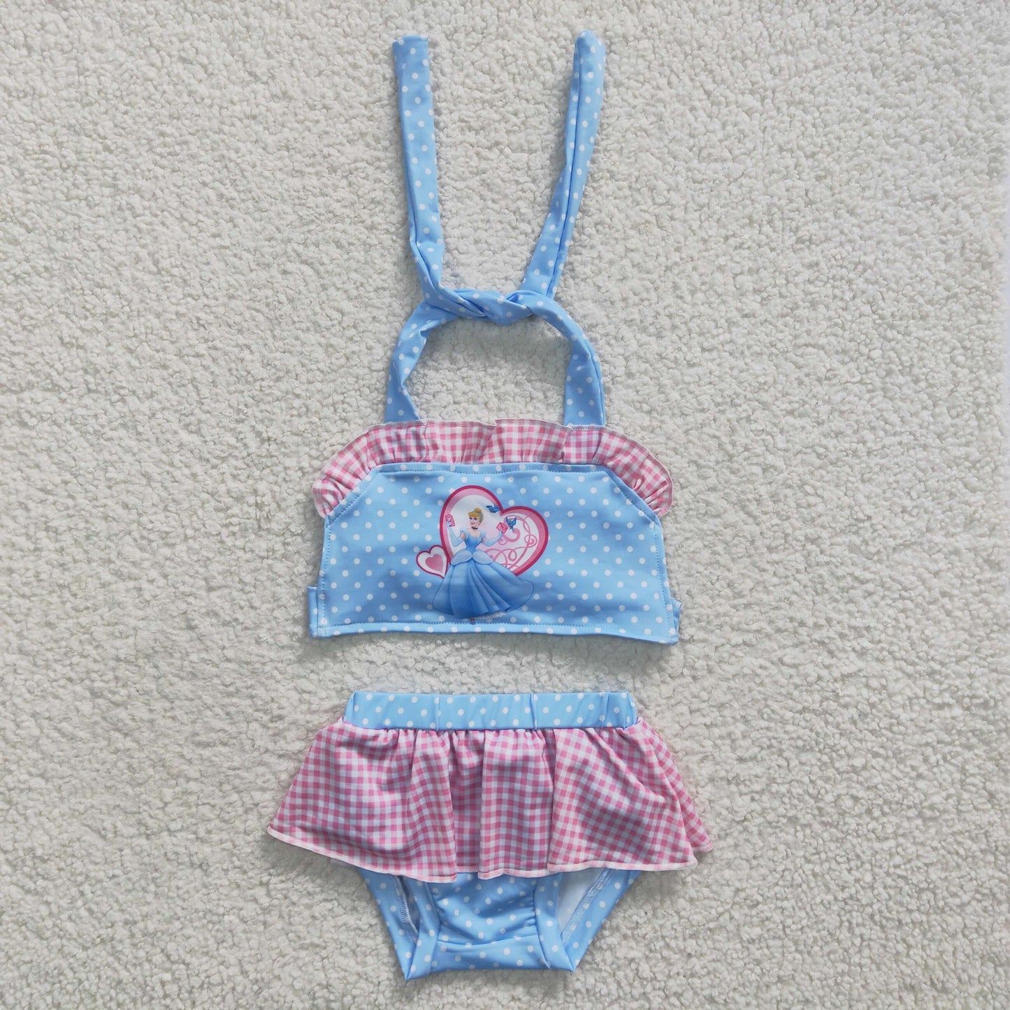 Girls blue Princess print 2 pieces swimsuit S0059