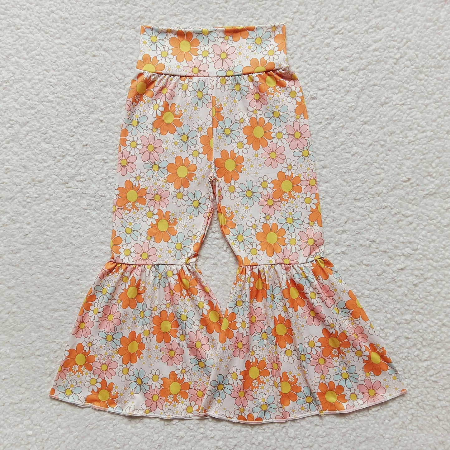Girls orange blue flora bell bottom pants P0104