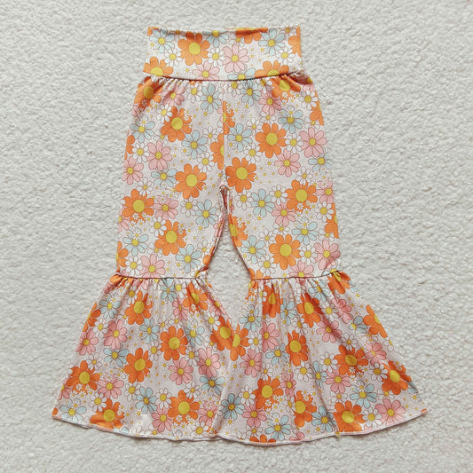 Girls orange blue flora bell bottom pants P0104