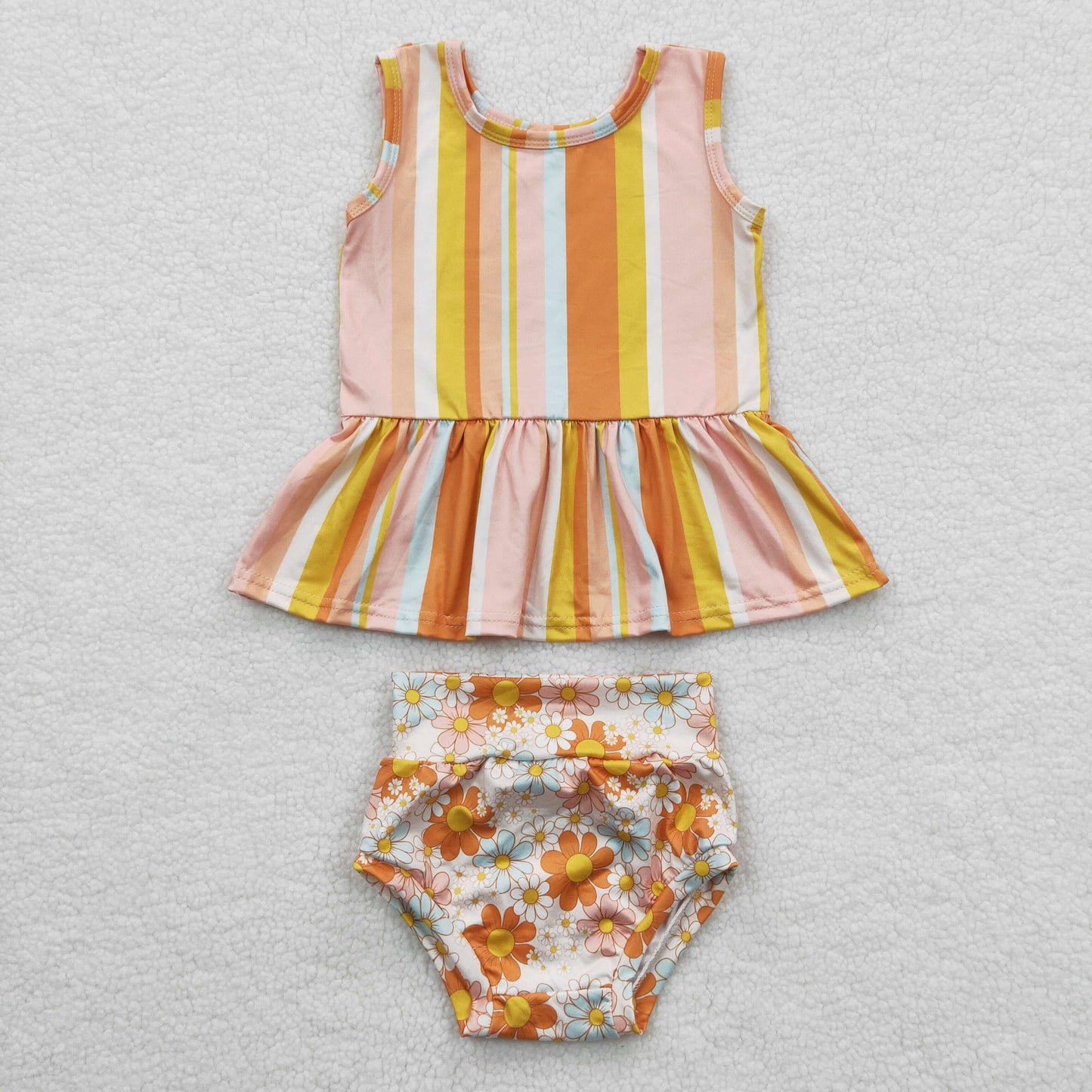 Baby girls stripes top orange floral print bummie sets GBO0105