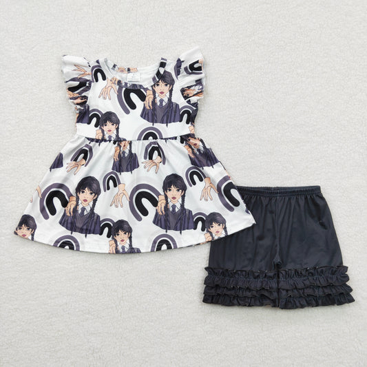 (Promotion)Girls black rainbow cartoon Wednesday design summer outfits GSSO0259