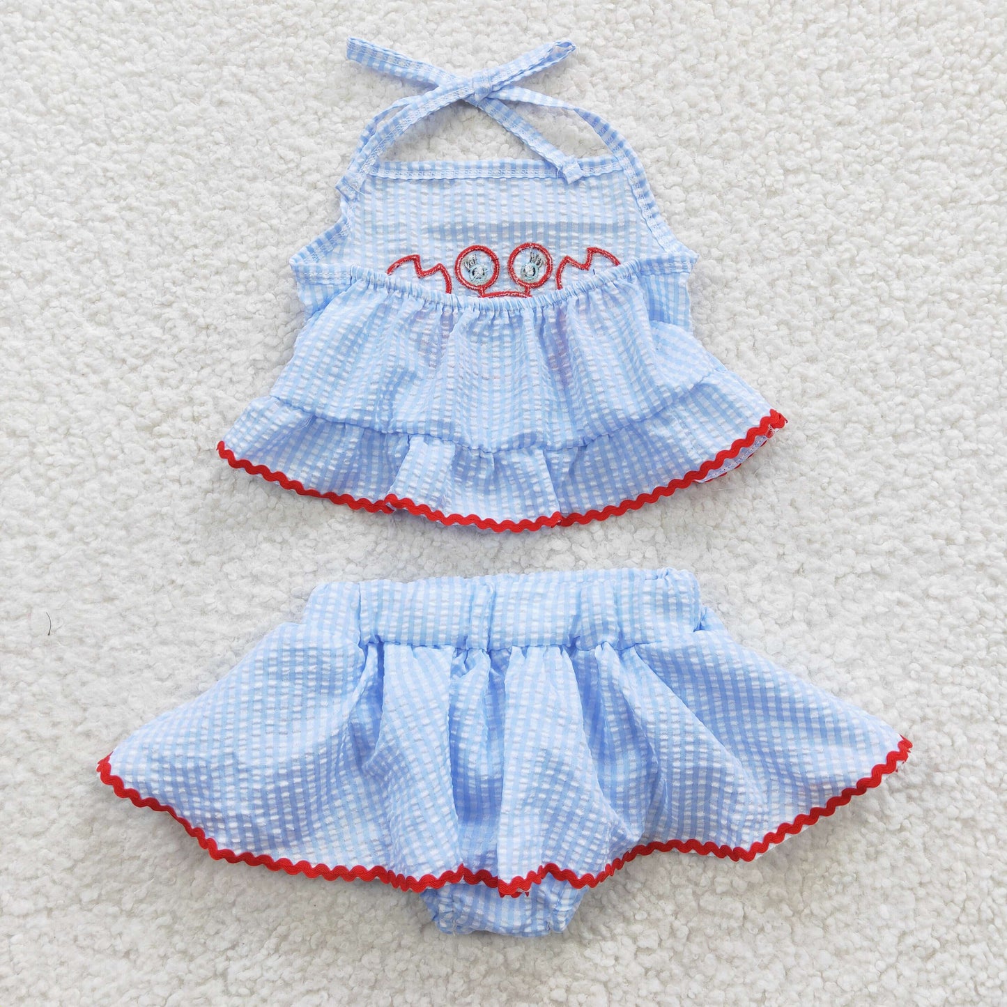 Girls blue seersucker crab print embroidery swimsuits S0081