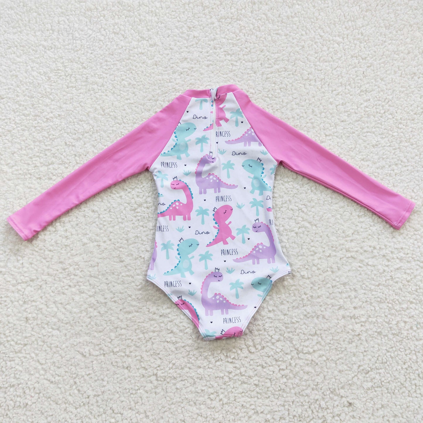 Girls pink long sleeve dimo print 1 piece zipper swimsuits S0076