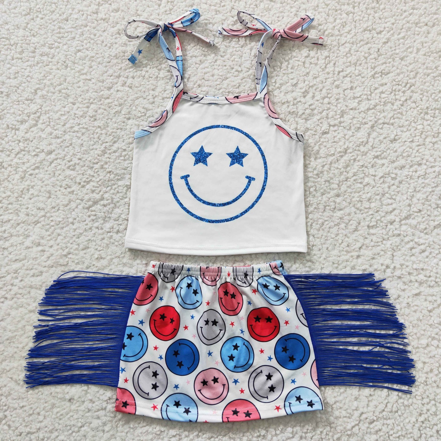 Girls smiling print spaghetti strap top tassels skirts summer outfits GSD0325