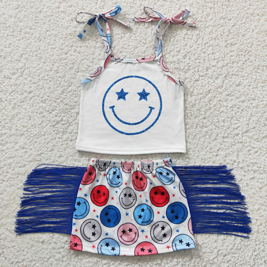 Girls smiling print spaghetti strap top tassels skirts summer outfits GSD0325
