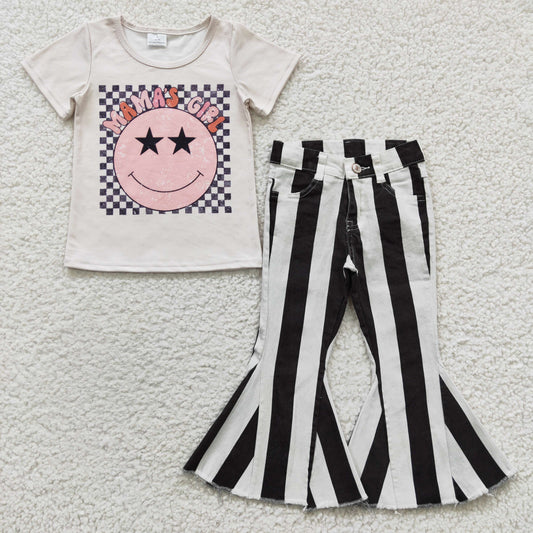 Girls smiling print top black stripes Denim Pants outfits  GSPO0544